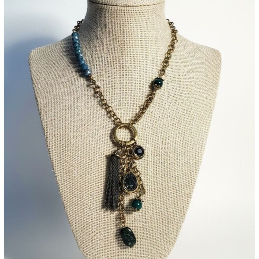 Boho Chunky Gold Tone Charm Tassel Statement Necklace Beaded Crystal Stone